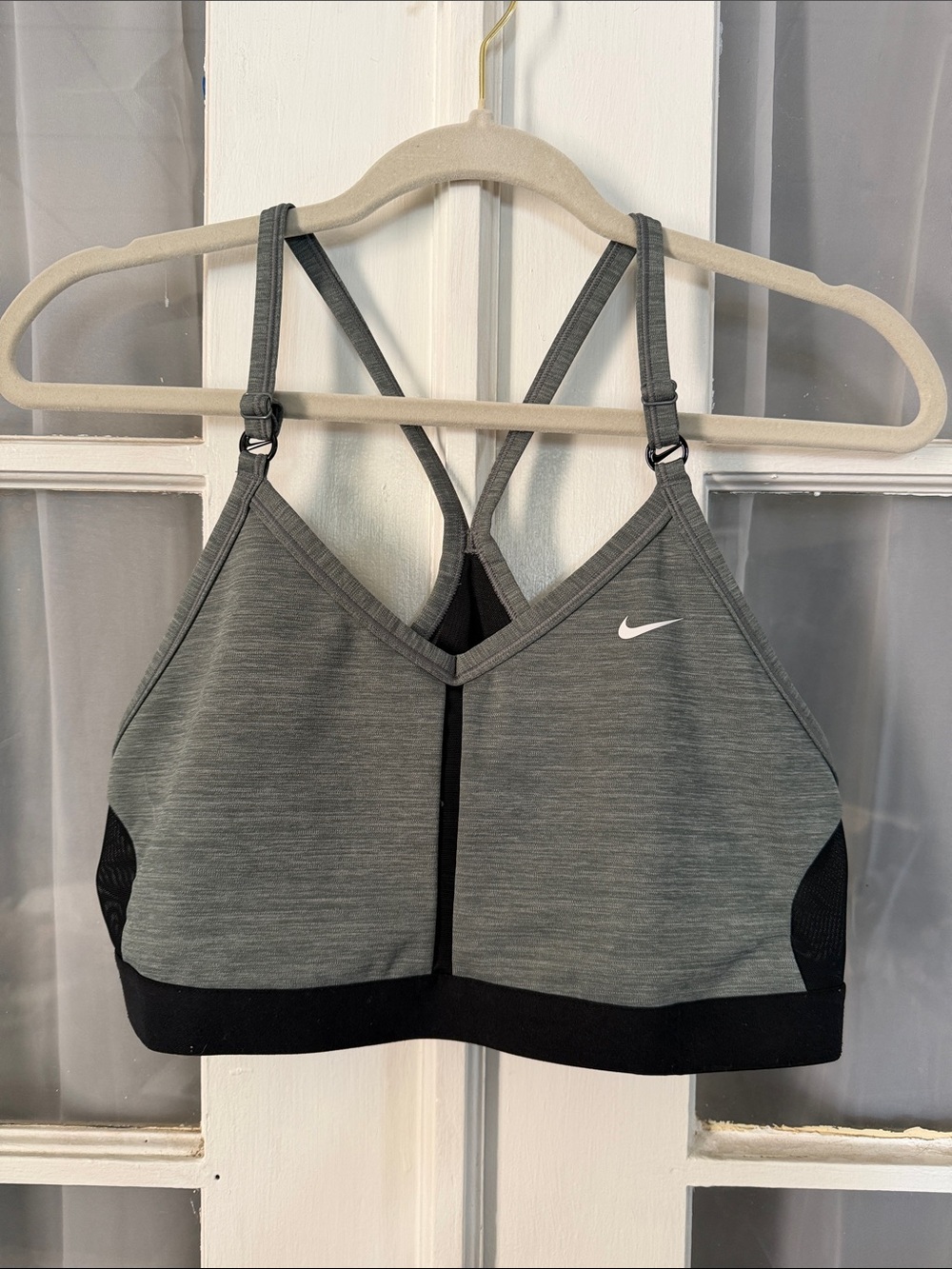 Nike Indy V Neck Heather Gray Strappy Sports Bra with Black Trim Size XL